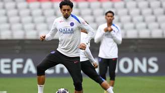 O capitão do PSG Marquinhos durante treino do time parisiense no estádio Allianz Arena, em Munique, antes da partida decisiva contra o Bayern pela semifinal da Champions. 05/05/2026