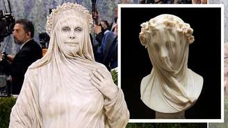 A modelo Heidi Klum, ao lado da escultura 'Vestal Velada', de Raffaelle Monti