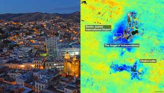 No mapa do satélite da Nasa, áreas em azul indicam afundamento mais perceptível na Cidade do México, com até 2 centímetros por mês entre outubro de 2025 e janeiro de 2026