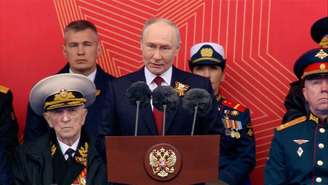 O presidente russo, Vladimir Putin, durante discurso na Praça Vermelha, neste 9 de maio de 2026.