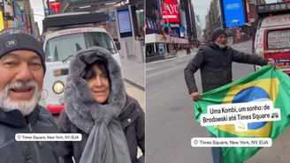 Casal viaja de kombi até a Times Square, nos EUA