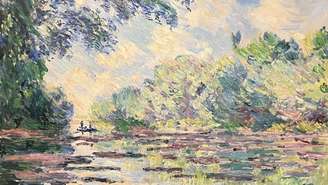 Detalhe de “Braço do Sena em Giverny” (1885), de Claude Monet. Foto tirada na exposição “Antes das Ninféias. Monet descobre Giverny, 1883-1890”, em cartaz até 5 de julho de 2026, no Museu dos Impressionismos de Giverny.