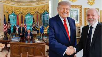 As fotos do senador Flávio Bolsonaro (PL-RJ)  e do presidente Lula (PT) com o presidente dos EUA, Donald Trump