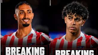 Raphinha e Yamal em montagem com as camisas do Atlético de Madrid (Foto/Reprodução/Redes Sociais - @Atleti)