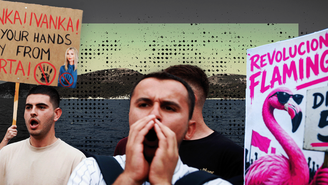 Flamingos cor-de-rosa e imagens da filha do presidente dos EUA são elementos centrais de protestos contra um empreendimento turístico na Albânia