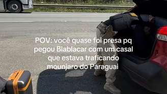 Influencer de viagem Bela Modanez durante busca de canetas emagrecedoras em carro de carona.