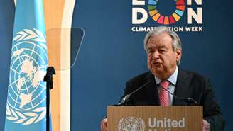 O secretário-geral da ONU, António Guterres, discursa no Fórum de Inovação Climática, no âmbito da Semana de Ação Climática de Londres, no Guildhall, no centro de Londres, em 23 de junho de 2026.