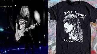 Camiseta de Taylor Swift usada por Kirk Hammett durante show do Metallica (Fotos: reprodução / X)