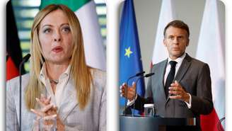 Fotomontagem com a primeira-ministra da Itália, Giorgia Meloni, e o presidente francês, Emmanuel Macron.