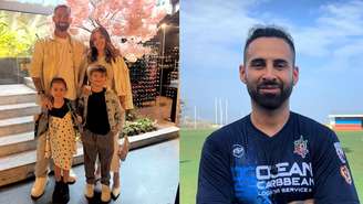 ogador de futebol argentino Lucas Trejo e sua família em foto de abril de 2026. Ao lado ele com a camisa de treino do Marítimo