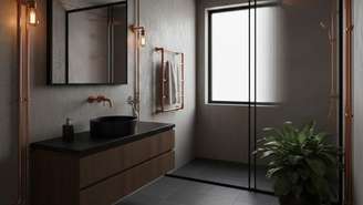Banheiro em estilo industrial com cobre aparente combina rusticidade, elegância e resistência à umidade