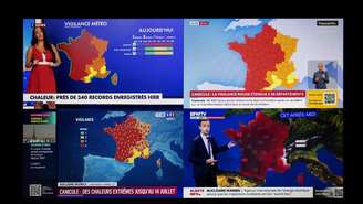Imagem de diferentes canais de notícias franceses exibindo um mapa da França, durante o pico da onda de calor, em 24 de junho de 2026.