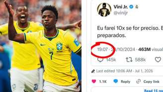 Post foi feito por Vini Jr logo após o jogador perder a Bola de Ouro para Rodri, em 2024