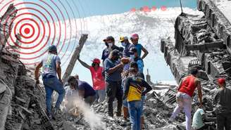 Uma montagem exibindo fotografias de operações de busca e resgate em meio aos escombros, com um mapa da Venezuela ao fundo.
