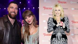 Dolly Parton (direita) agradece os noivos Taylor Swift e Travis Kelce (esquerda) por doação generosa à instituição filantrópica de leitura (Fotos: Kevin Mazur/Kevin Mazur/Getty Images for iHeartRadio e Jason Kempin/Getty Images)