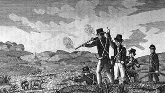 Um desenho de 1811 retrata a exploração da fronteira americana por Louis e Clark.