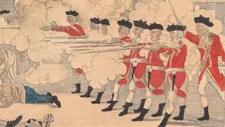 Detalhe da ilustração mostrando soldados britânicos disparando contra civis americanos
