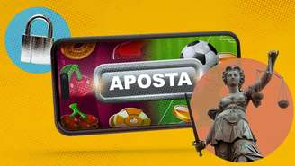 Ilustração mostra tela de celular com a palavra "aposta", um cadeado e o símbolo da Justiça