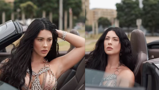 Rayane Figliuzzi apostou em uma blusa vazada feita de correntes durante um ensaio fotográfico.