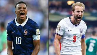 A França e a Inglaterra se enfrentarão na disputa pelo terceiro lugar da Copa do Mundo de 2026, que será disputada no Miami Stadium em 18 de julho de 2026. Foto: o atacante francês Kylian Mbappé e o atacante inglês Harry Kane.