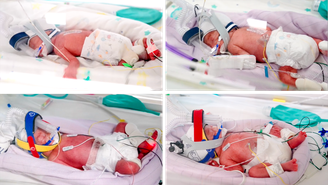 As quadrigêmeas retratados em uma montagem de quatro fotos. Estão todas na ala neonatal do hospital, em incubadoras, usando aparelhos respiratórios e com vários fios conectados.