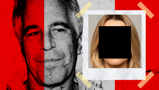 Uma imagem composta que apresenta, ao fundo, uma foto granulada de Jeffrey Epstein parcialmente tingida de vermelho e, em primeiro plano, uma imagem estilo Polaroid de uma jovem cujo rosto está oculto por uma tarja preta.