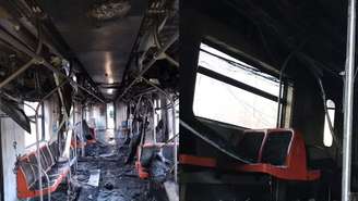As imagens mostram vagões do trem carbonizado por dentro