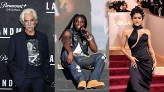 Da esquerda para a direita Sam Elliott, Shaboozey e Teyana Taylor (Fotos: Cindy Ord/WireImage, Frazer Harrison/Getty Images for Stagecoach e Frazer Harrison/WireImage)