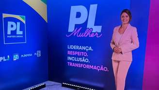 Totem de Michelle Bolsonaro em evento do PL em São Paulo