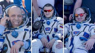 O astronauta da NASA Chris Williams, e os cosmonautas da Roscosmos, Sergey Kud-Sverchkov e Sergei Mikaev