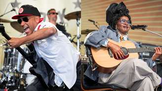 Tom Morello (esquerda) e Lauryn Hill (direita) no Newport Folk Festival (Fotos: Douglas Mason/Getty Images)