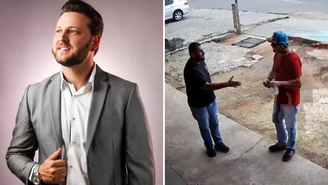 O empresário Hugo Gabriel Moll e o barbeiro João Victor Pereira se cumprimentam antes do ocorrido.