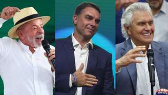 Luiz Inácio Lula da Silva (PT), Flávio Bolsonaro (PL) e Ronaldo Caiado (PSD) disputam a presidência