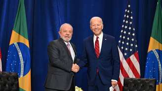 O ex-presidente Joe Biden com o presidente Lula na 78ª Assembleia Geral das Nações Unidas, em Nova York, em 20 de setembro de 2023