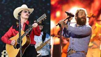 Braxton Keith em performance no Railbird Music Festival e Post Malone no Stagecoach 2026 (Fotos: Stephen J. Cohen/Getty Images e John Shearer/Getty Images for Stagecoach)