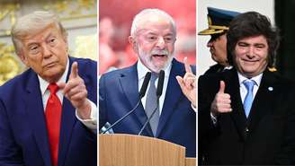 Montagem mostra Trump, Lula e Milei