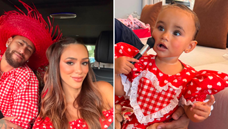 Neymar, Bruna Biancardi e Mavie, filha de 2 anos do casal prontos para a "festa agostina".