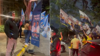 Apoiadores de Tarcísio carregavam bandeiras na chegada ao debate da Band neste domingo