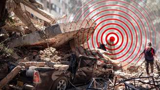 Imagem composta com a foto de um edifício derrubado durante o terremoto na Colômbia e o desenho de círculos concêntricos, indicando ondas em expansão