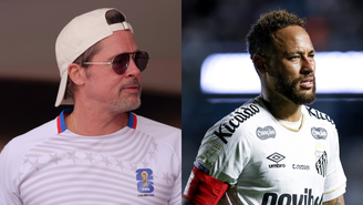 Brad Pitt brinca que quer ensinar Neymar a simular faltas com mais sutileza após ver quedas exageradas em jogo da Copa do Mundo na TV (Fotos: Katelyn Mulcahy — FIFA/FIFA via Getty Images e Ricardo Moreira/Getty Images)