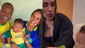 Carol Peixinho e Thiaguinho com o filho, Bento