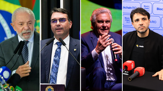 Luiz Inácio Lula da Silva (PT) na liderança com 38% das intenções de voto no primeiro turno. Flávio Bolsonaro (PL) aparece com 31%. Renan Santos (Missão) e Ronaldo Caiado (PSD) aparecem empatados com 4%