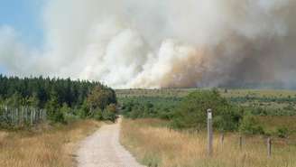 Coluna de fumaça em um incêndio florestal na reserva natural das Hautes Fagnes (High Fens), em Jalhay, em 14 de agosto de 2026.