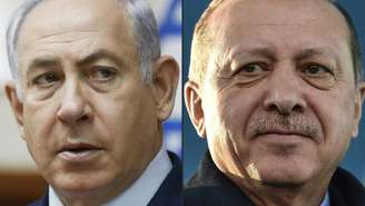 Em uma montagem, o primeiro-ministro israelense, Benyamin Netanyahu (à esquerda), e o presidente turco, Recep Tayyip Erdogan (à direita).
