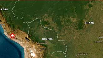 Estrela em mapa mostra epicentro do tremor de 7,2 registrado na região peruana de Ayacucho