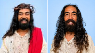 Dilson Afonso (DC), candidato a suplente, teve sua foto vestido de Jesus (à esquerda) barrada pela Justiça Eleitoral, e precisou enviar uma nova fotografia para as urnas (à direita)