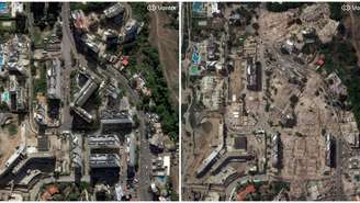 Fotomontagem de imagens de satélite mostrando prédios e a mesma área após terremoto em Caraballeda, La Guaira, Venezuela. Em 28 de dezembro de 2025 e 26 de junho de 2026.