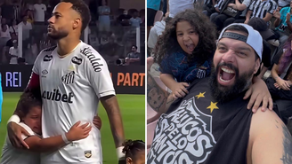 Vitória e seu pai, Diogo, em jogo do Santos.