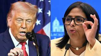 A presidente interina da Venezuela, Delcy Rodríguez, à direita, e o presidente norte-americano, Donald Trump, à esquerda. Acordo ainda gera dúvidas.