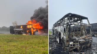 Ônibus da banda gaúcha Chamamento ficou completamente destruído em minutos após incêndio.